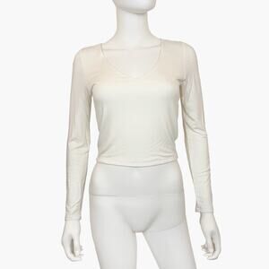 NWT WILLIAM B Long-sleeve V-Neck Basic Crop Top (Off-White | Size M)